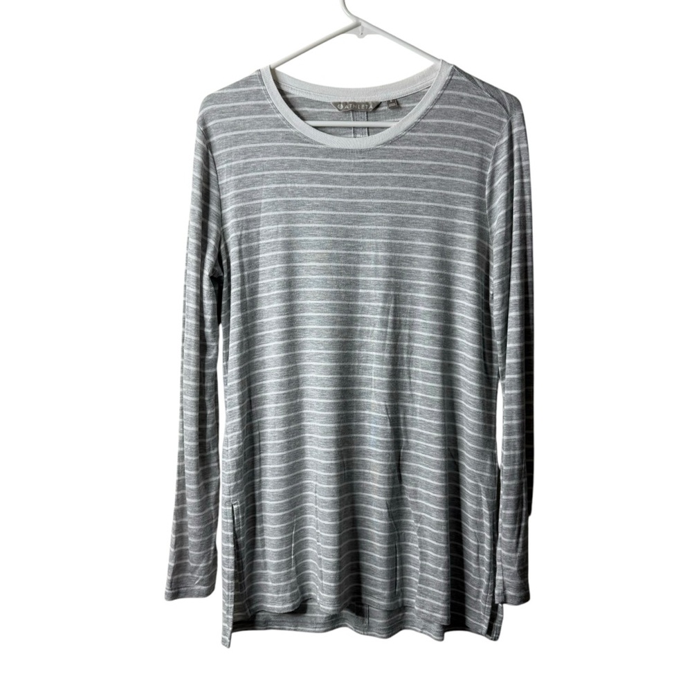 Athleta Gray White Striped Threadlight Long Sleeve Tee T-shirt